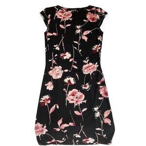 New York & Company Women Dress S Black Pink Floral Sheath Short Sleeve